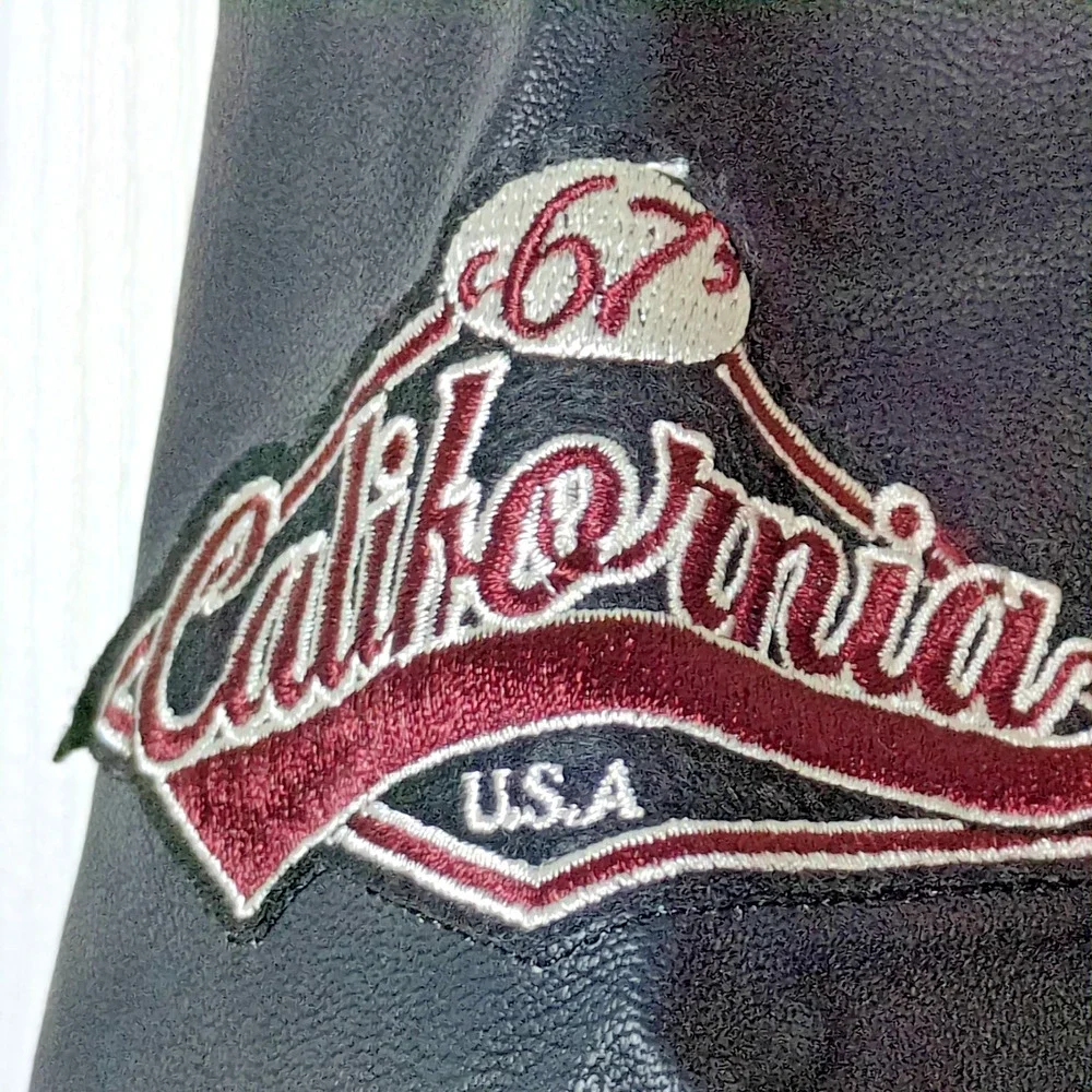 Ring of Fire Boys Varsity Jacket Med Burgundy Black Faux Leather Sleeve CA Bear